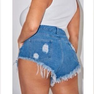 Plus High Waist Ripped Raw Hem Denim Shorts
